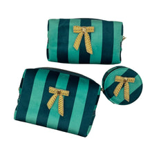 Load image into Gallery viewer, Teal Stripe Makeup Bag with Bow Brooch