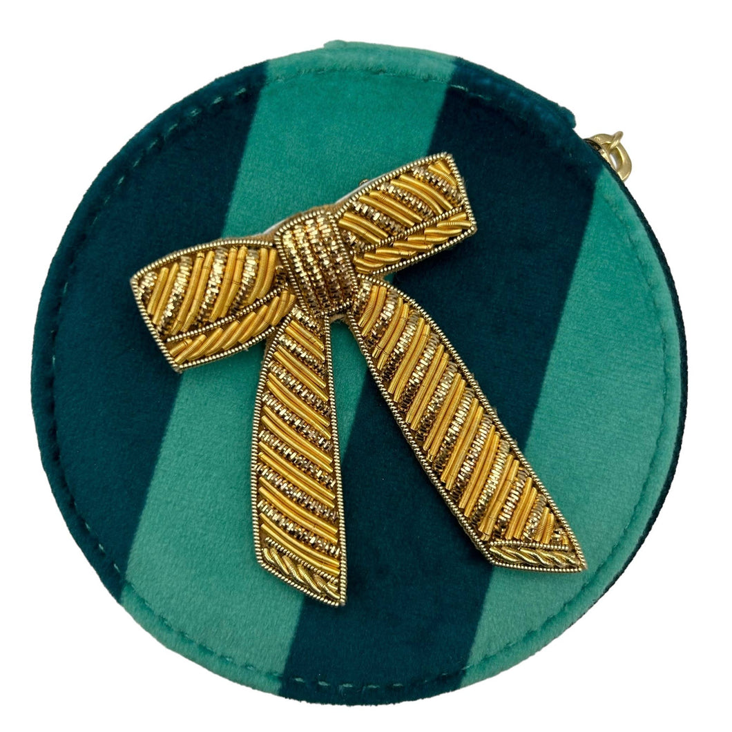 Teal Stripe Jewellery Pot with Bow Brooch