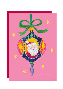 Christmas Wishes Santa Pink Bauble Card