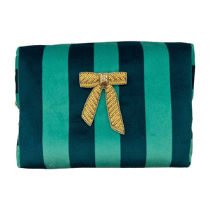 Teal Stripe Makeup Bag with Bow Brooch