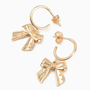 Gold Bow Drop Hoop Earrings