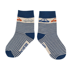 Cars & Stripes Navy Kids Socks