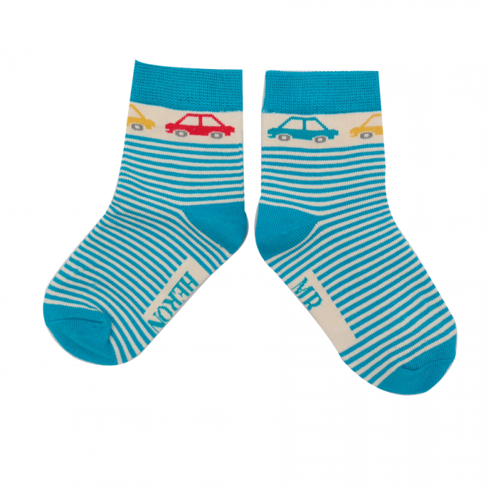 Cars And Stripes Teal Bamboo Socks - Age 2-3 Years